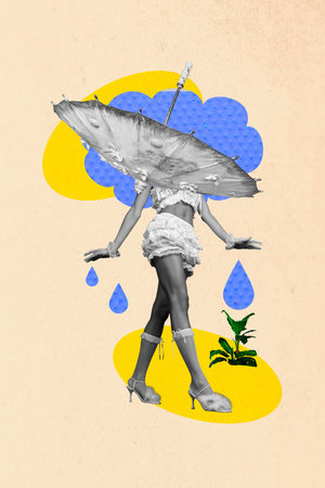 Trendy art creative image photo collage of anonym duchess girl with umbrella in rain cloud weather forecast autumn seasonの写真素材