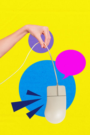 Collage design composite trend artwork sketch of hand hold wire retro style mouse computer pointer conversation cloud bubble dialogue chatの写真素材