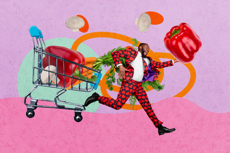 Sketch design collage of nutrition cook culinary kitchen restaurant young gentleman run trolley grocery pepper vegetable carrot mushroomの写真素材