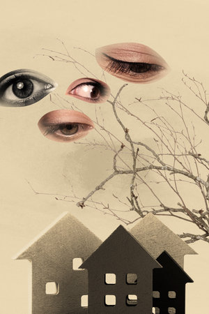 Vertical trendy image collage of human eyeball stare new house figure settlement purchase relocation all-seeing ufo supervisionの写真素材