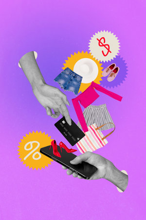Trend banner artwork 3d photo collage of human hands hold phone black friday percent sale clothes shoes dollar payment retailの写真素材