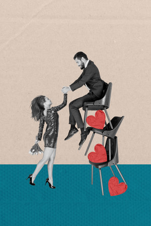 Composite trend artwork sketch image collage of valentine day holiday date love young couple lady bouquet tulip guy sit chair pile heartの写真素材