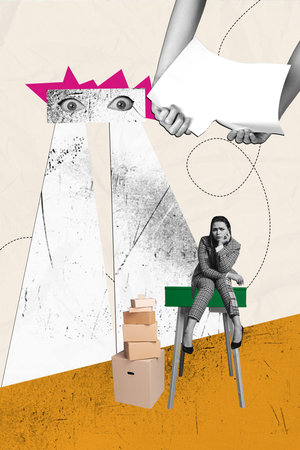 Vertical collage young unhappy sad bored businesswoman trouble work profession espionage tear apart sheet paper carton boxes workloadの写真素材