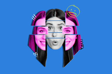 Image collage poster of shocked impressed girl with open mouth isolated on drawing blue color...