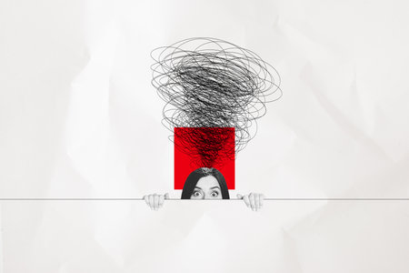 Artwork collage of young funny woman hiding overthinking minded dilemma doodle problems mental health isolated on white color backgroundの写真素材