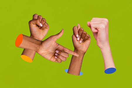 Composite artwork 3D sketch image photo collage of four different hands appear hole show gesture nonverbal language finger pointの写真素材