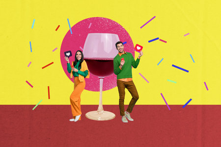 Creative collage picture young woman man bloggers popularity celebrate beverage wine glass drink cheers decorations partyの写真素材