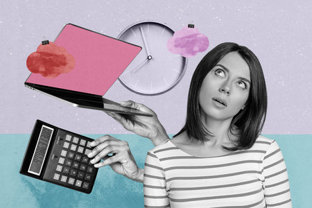 Composite trend artwork 3D sketch image photo collage of young lady student overloaded multitask calculator count laptop work clock timeの写真素材