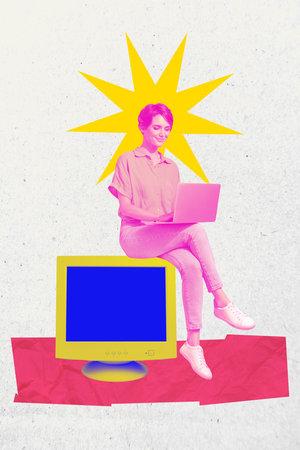 Vertical photo collage of happy businesswoman sit pc monitor type laptop freelance occupation job isolated on painted backgroundの写真素材