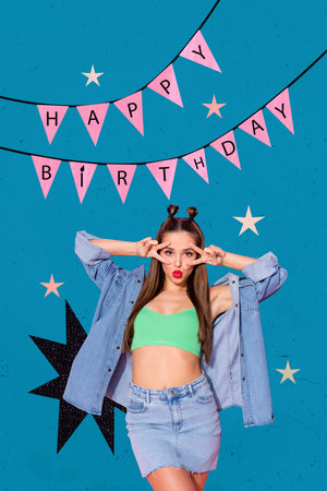 Vertical photo collage of pretty birthday girl show two fingers gesture garland decor celebration event isolated on painted backgroundの写真素材