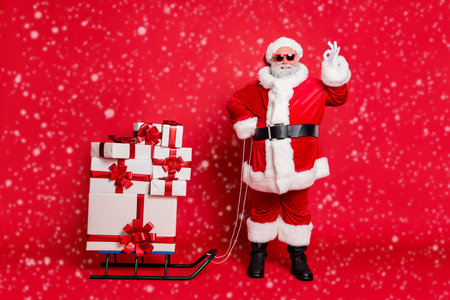 Full length body size view of nice attractive cheerful cheery fat bearded man showing ok-sign delivering gifts shop ad advert isolated on bright vivid shine red backgroundの写真素材