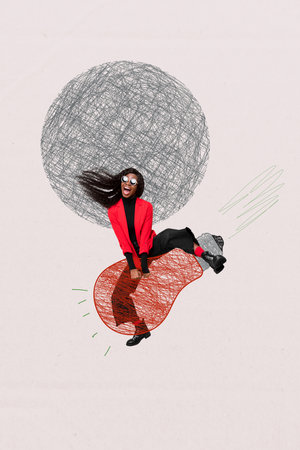 Vertical photo collage of excited american girl dance scribble light bulb idea finding wear suit sunglass isolated on painted backgroundの写真素材