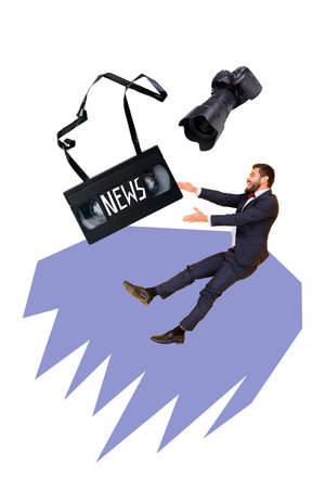 Vertical sketch 3d image banner collage of happy man stand modern camera optical photo-set shooting moment retro cassette recordの写真素材