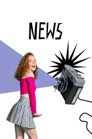 Trendy banner poster image photo collage of happy girl stand retro camera shooting moment news reportage photo-model cadreの写真素材