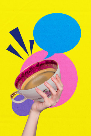Trend artwork banner sketch photo collage of hand hold vintage cup hot drink rest coffee flavor break messenger sms notification chattingの写真素材