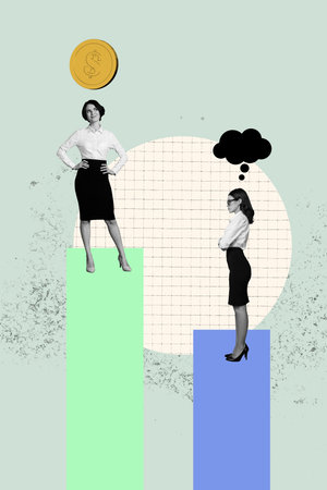 Image poster pop banner collage of two happy business partners stand chart development bubble speech dollar coin income chanceの写真素材