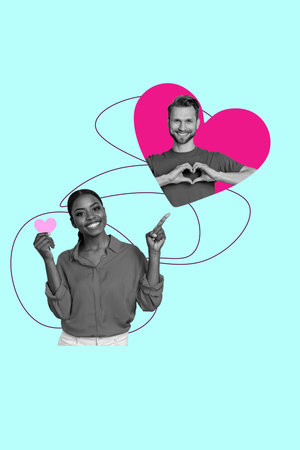 Art poster trend collage image of two happy girl guy hold heart icon valentine day celebration...