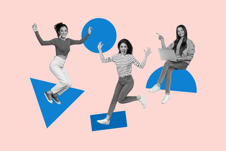 Creative poster banner 3d collage photo of three happy girls stand diagram icon development surf laptop progress career managerの写真素材
