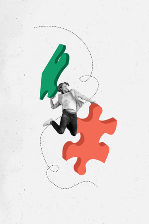 Template collage design trend artwork 3D sketch of young man jump hand hold puzzle piece startup...