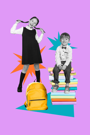 Trend artwork poster composite image collage of young girl boy schoolage stan sit pile book classmates backpack education fall knowledgeの写真素材