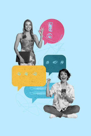 Trend artwork composite 3D photo collage of two young lady smile hello hand hold smartphone...
