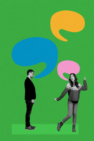 Composite sketch design photo collage of message notification email sms messenger couple young lady man stand talk friendly conversationの写真素材