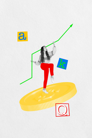 Banner sketch 3d image banner collage of happy businesswoman dance coin golden bonus diagram icon capital earnings successの写真素材