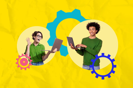 Composite creative art collage of two happy girl guy business partners surf laptop gearwheel...