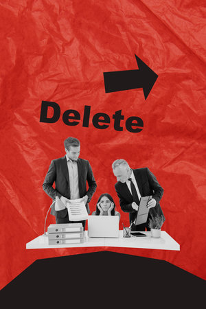 Composite sketch image design trend artwork collage of young woman work men hold document stress vacancyの写真素材