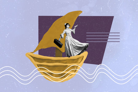 Template poster trend 3D photo collage of summer travel young lady stand sea boat elegance aristocracy accessory style vintage historicalの写真素材