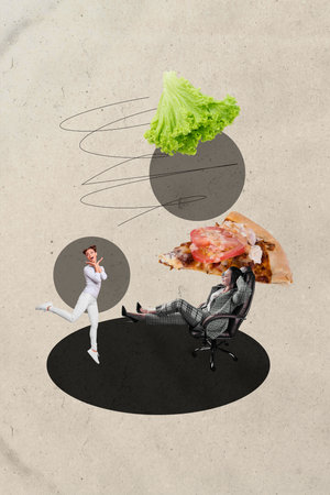 Creative collage of representing fast food delivery modern lifestyle concept pizza sandwich bread shop storeの写真素材