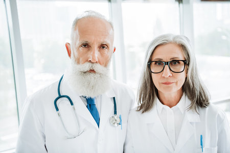 Friendly senior doctors stand side by side in a bright clinic ready for health check up and medical consultationの写真素材