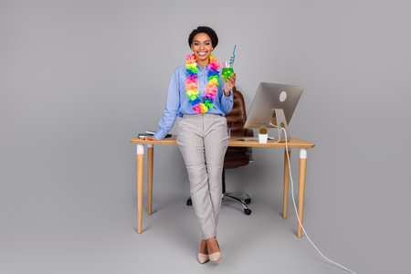 Full size photo of pretty young bussinesswoman celebrate summer vacation wear trendy formalwear isolated on gray color backgroundの写真素材