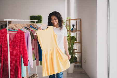 African American woman shopping in cozy home, exploring fashion choices for saleの写真素材
