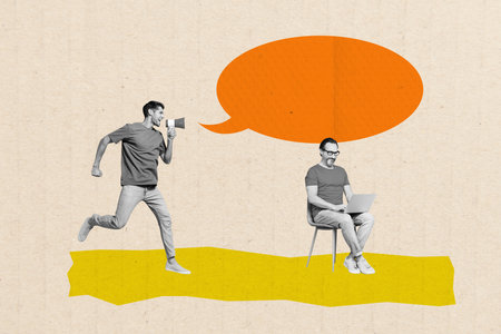 Composite creative art collage of two happy men run megaphone news bubble other type laptop correspondence isolated on painted backgroundの写真素材