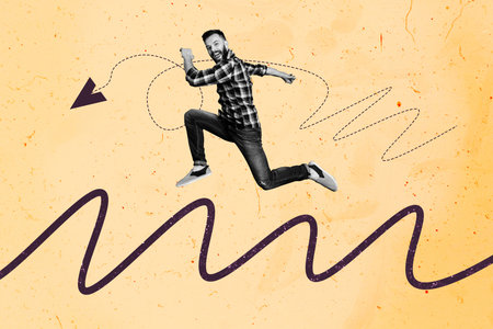 Creative collage picture young man runner achieve goal aim target route path way paper airplane direction indicator move forwardの写真素材