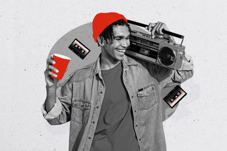 Composite trend artwork sketch image photo collage of carefree retro party dance young guy hipster...
