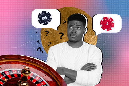 Composite photo collage of minded american guy choose chip bubble casino game tournament question mark isolated on painted backgroundの写真素材