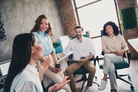 Photo of nice young professional cheerful people office managers work together workspace workplaceの写真素材