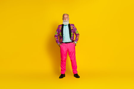 Full size photo of nice senior male confident posing hands pockets wear trendy colorful fancy outfit...