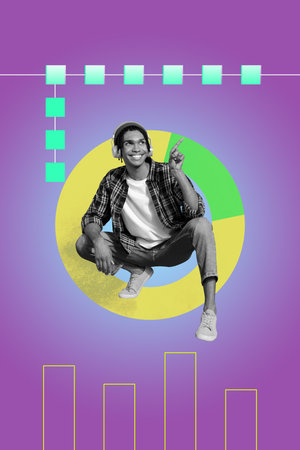 Collage Featuring Excited Business person With Business Chart Pie Graph Analyzing Data Statistics Conceptの写真素材