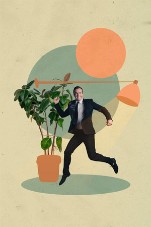 Creative collage of cheerful person near potted plant lamp in modern home or office cozy interior spaceの写真素材