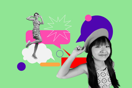 Collage of diverse people blogging chatting speech bubbles representing communication digital interaction business correspondenceの写真素材