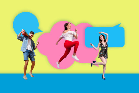 Creative collage showing people person with speech bubble representing fast internet communication blogging internet job workの写真素材