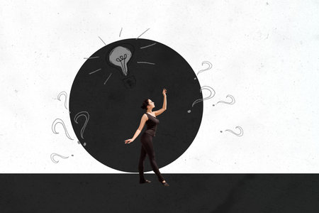 Collage of remote worker with laptop smartphone tablet surrounded by question marks light bulb symbolizing new business ideasの写真素材