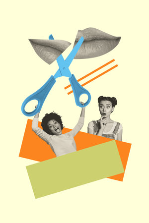 Poster trend sketch template 3D photo collage of speech gossip psychedelic fragment two young lady hand holdscissors cut lips mouth posterの写真素材