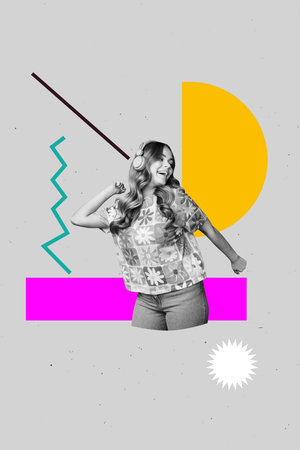 Artwork banner sketch 3d photo collage of happy girl listen music headphones weekend chill occasion celebration event partyの写真素材