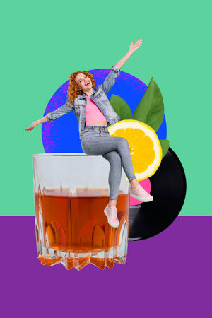 Collage of joyful person cocktail glass bright colors celebrating party alcohol drinks bartender friday weekend lifestyleの写真素材