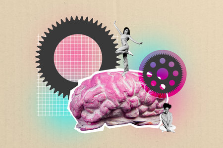 Full trendy image 3d collage poster of two happy girls stand brain organ anatomy idea finding aim achievement progress thoughtの写真素材