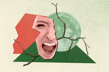 Composite trend artwork 3D sketch image photo collage of caricature outdoors moon space fragment scream loud voice face lady grimaceの写真素材